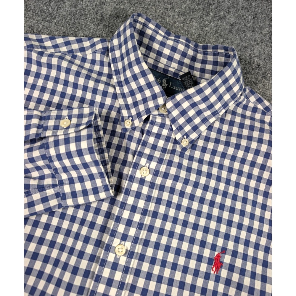 Ralph Lauren Long Sleeve Button Down Shirt Mens Large Blue Check Custom Fit Red